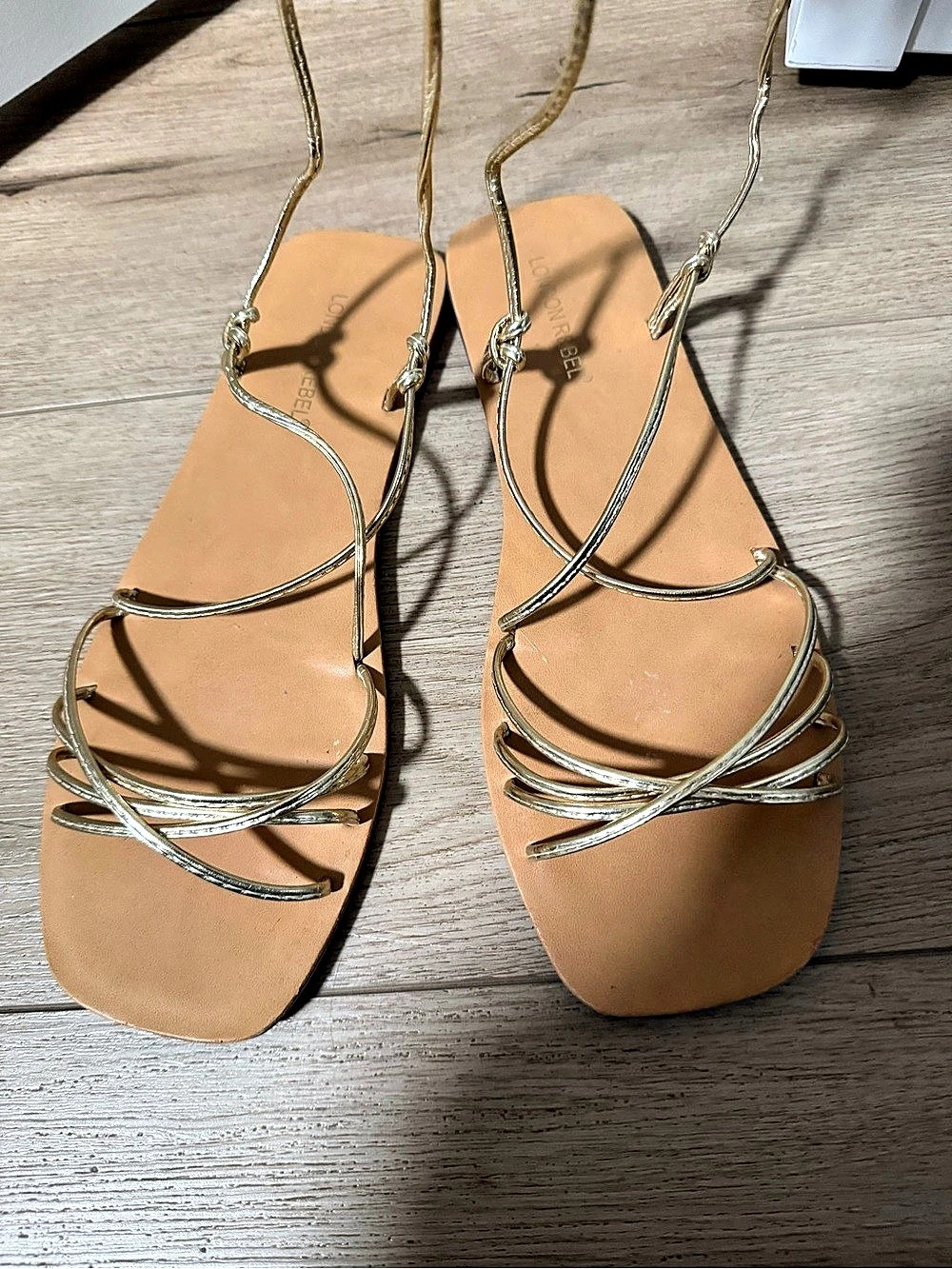 London Rebel Wide Fit Gold Strappy Lace Up Flat Sandals